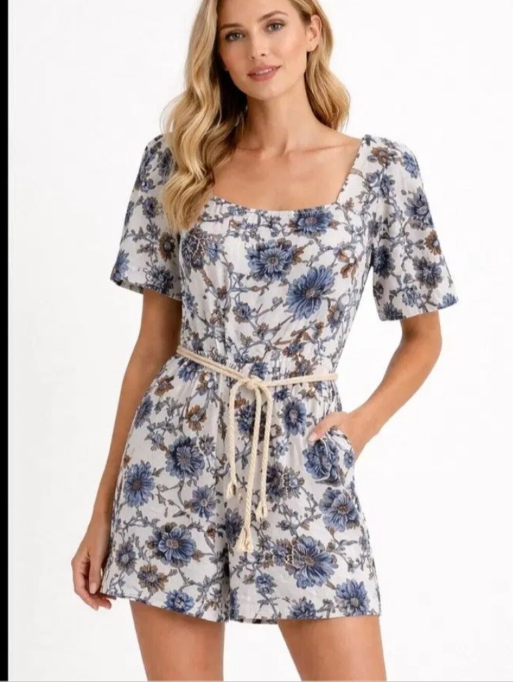 Rachel Zoe Romper NWT Size 2 White Blue Floral Belt Smocking Boho Cottacecore